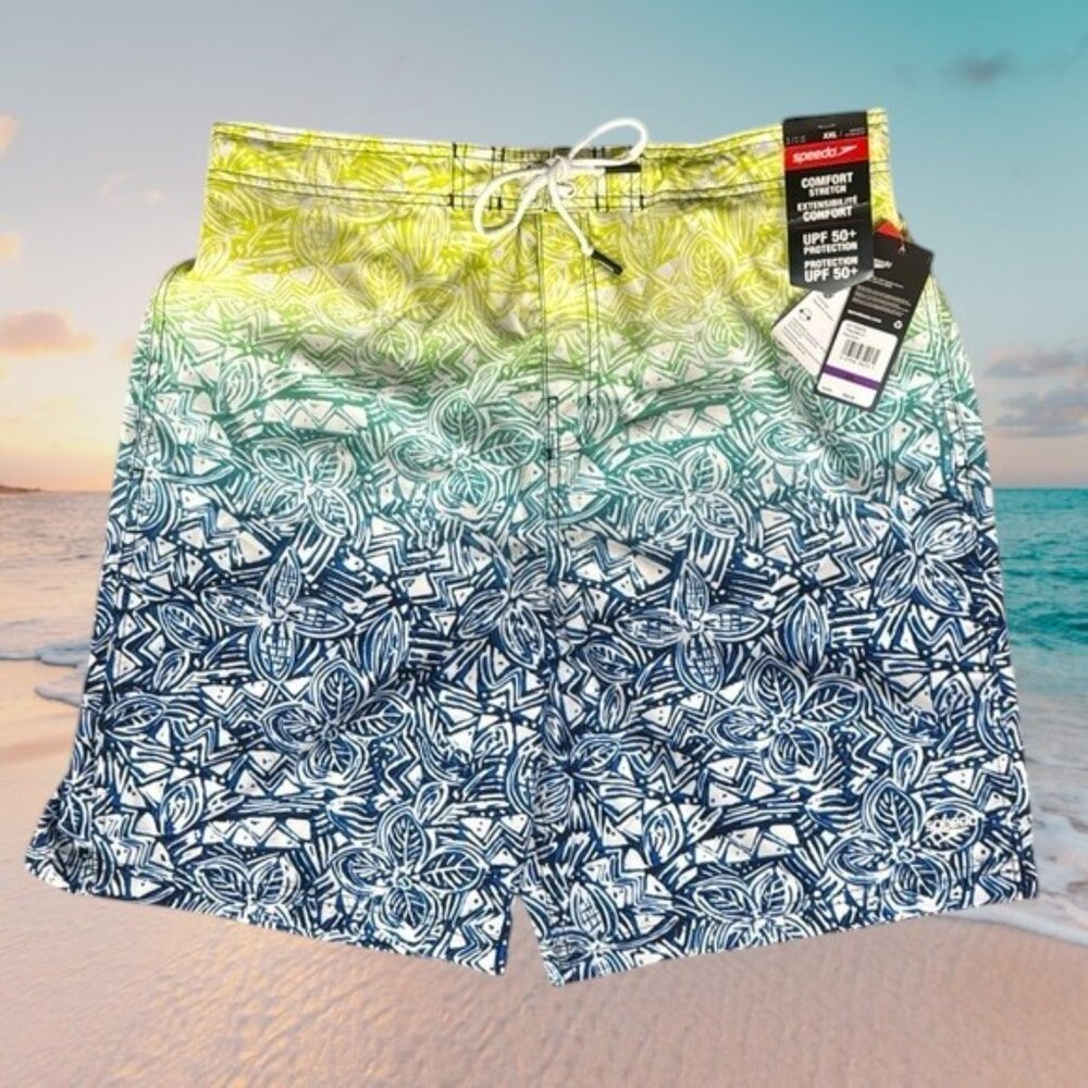 NWT Speedo Comfort Stretch Lined Blue Green Yellow UPF 50+ Swim Trunk Shorts XXL